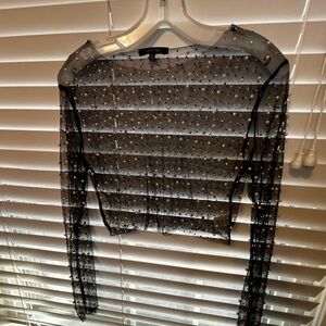 Love Tree Black Mesh Cropped Blouse with Pearl Details